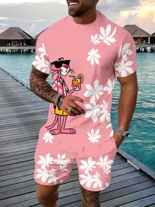 Men's Panther Print Casual Set, Cartoon Fun Short Sleeve Shorts Two-Piece, Beach Trip/ Daily Wear/dating Clothes