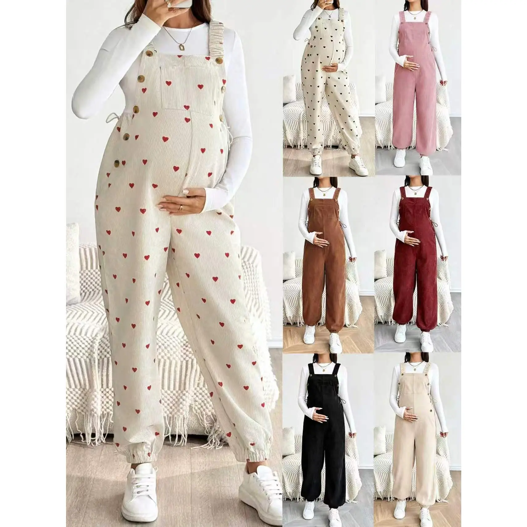 Maternity Corduroy Overalls For Women, Adjustable Waistband Elastic Ankle Loose Pregnancy Jumpsuit, Casual Maternity Outfit Suitable For All Trimesters