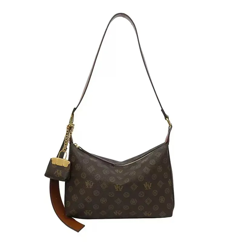 Women's Vintage Monogram Hobo Shoulder Bag - Large Capacity Retro Print Crossbody Handbag for Women with Mini Lock Pendant (2 Colorways), Handbags For Women