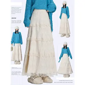 Autumn and Winter Thick Lace Patchwork High-waisted Skirt for Women, Cake Fairy Style Versatile Pleated Long Skirt