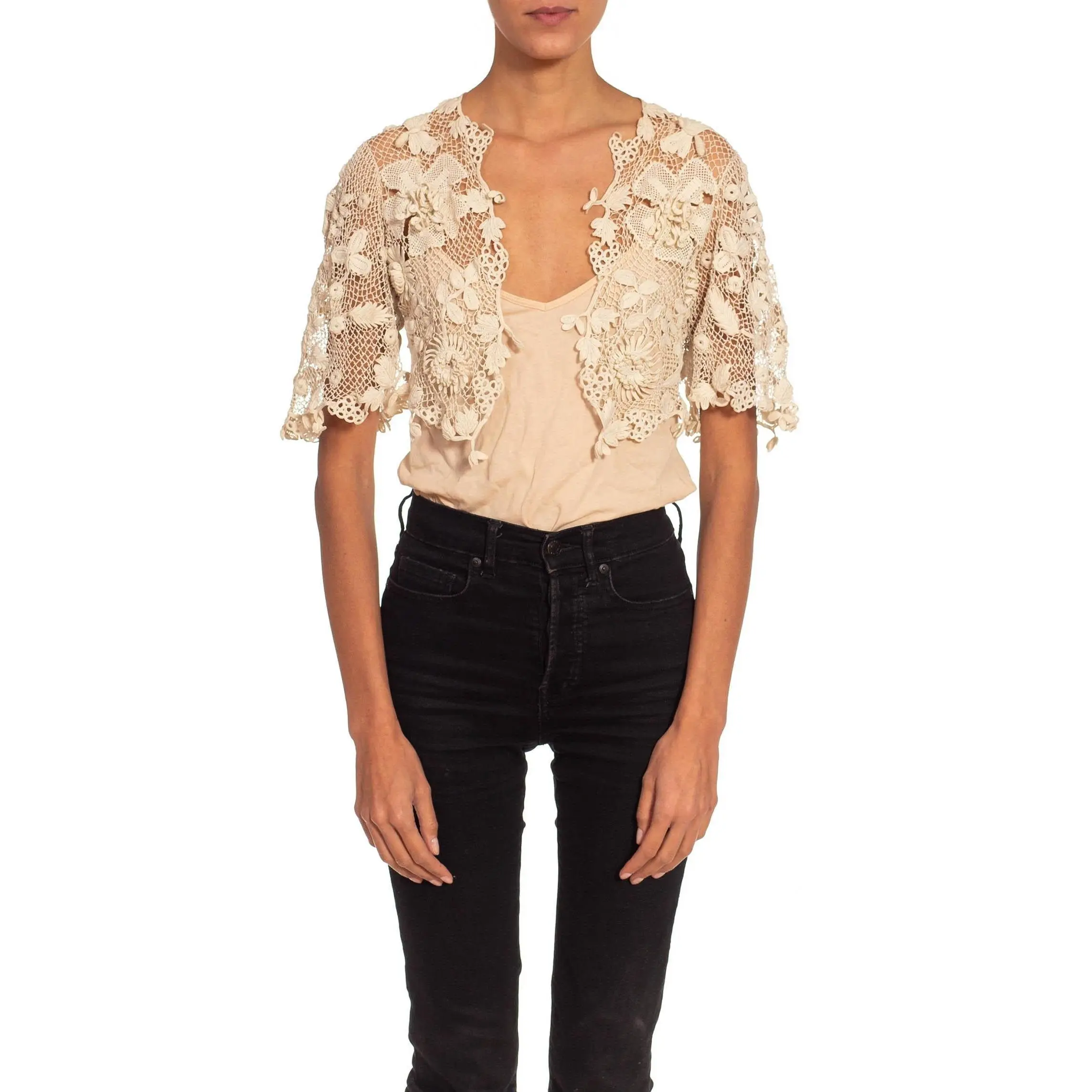 Edwardian White Handmade Lace Irish Crochet Jacket With Dragonfly Accents
