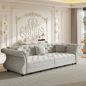 97.6" Oversized  Chesterfield Pull Out Sofa Bed, Classic Roll Arm Velvet Couch with Flower Tufting, Upholstery for Living Room/Bedroom/Apartment,Light Grey