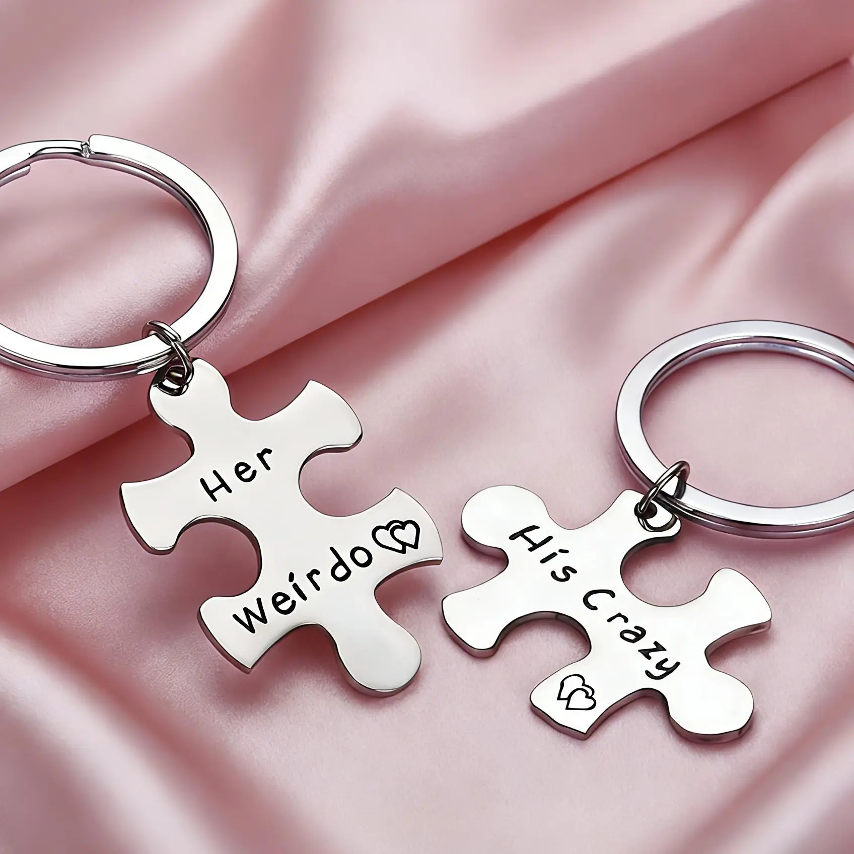Stainless Steel Matching Keychain Set - Minimalist Puzzle Piece Couples Keychains with "His Crazy, Her Weirdo" Engravings - for Birthday, Memorial Day, Ceremony Gifts
