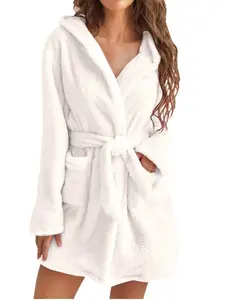 Thickened Plush Hooded Long Sleeve Bathrobe, Comfortable Warm Short Robe with Drawstring, Casual Sexy Style for Women