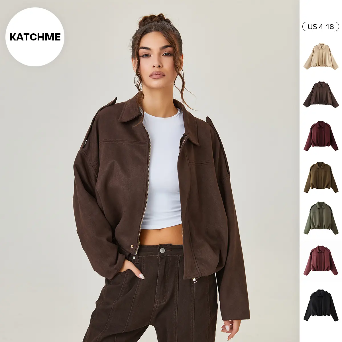 Katch Me Chic Women's Winter Vintage Solid Color Collared Zipper Long Sleeve Jacket, Cozy Oversized Outerwear for Lady, Versatile Loose Outfits for Daily Wear, Soft Womenswear