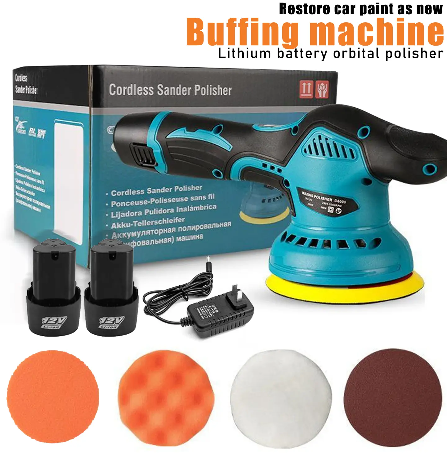 Cordless Car Buffer Polisher with 12V Lithium Rechargeable Battery*2, Cordless Polisher with 8 Variable Speeds, Cordless Buffer Polisher for Car Detai