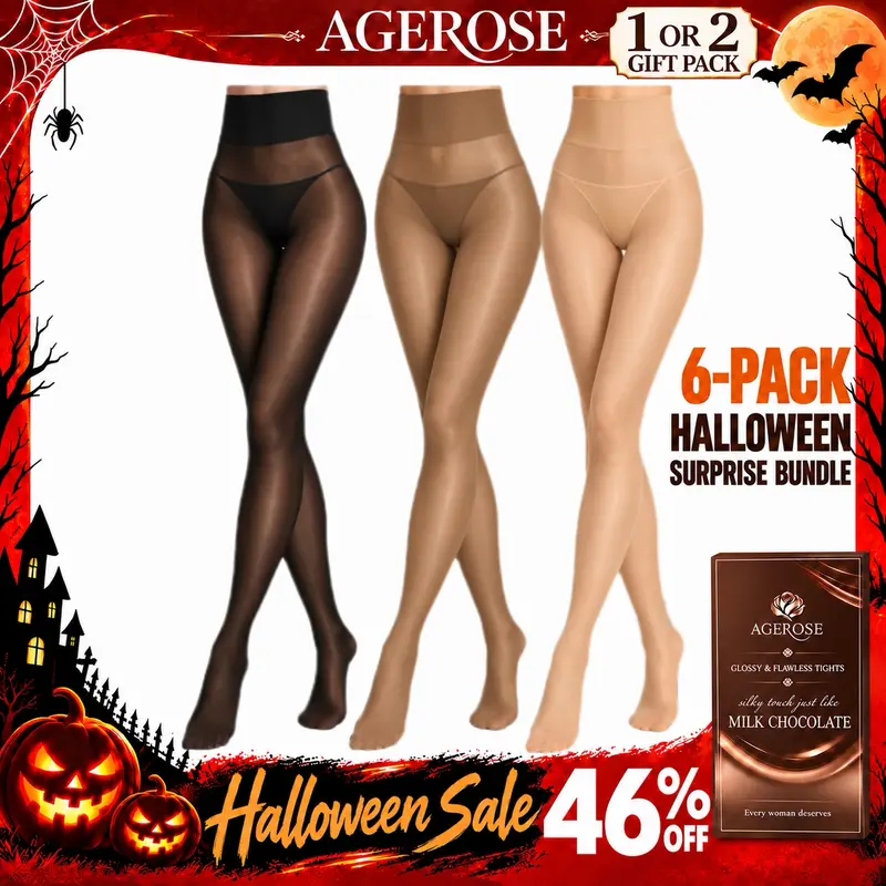 AgeRose Women's 10D Ultra Sheer Horse Oil Tights – Silky High-Stretch Pantyhose for Daily Wear, Work & Halloween Costume Accessories (1 or 2 Packs; 6-Pack Halloween Gift Set)