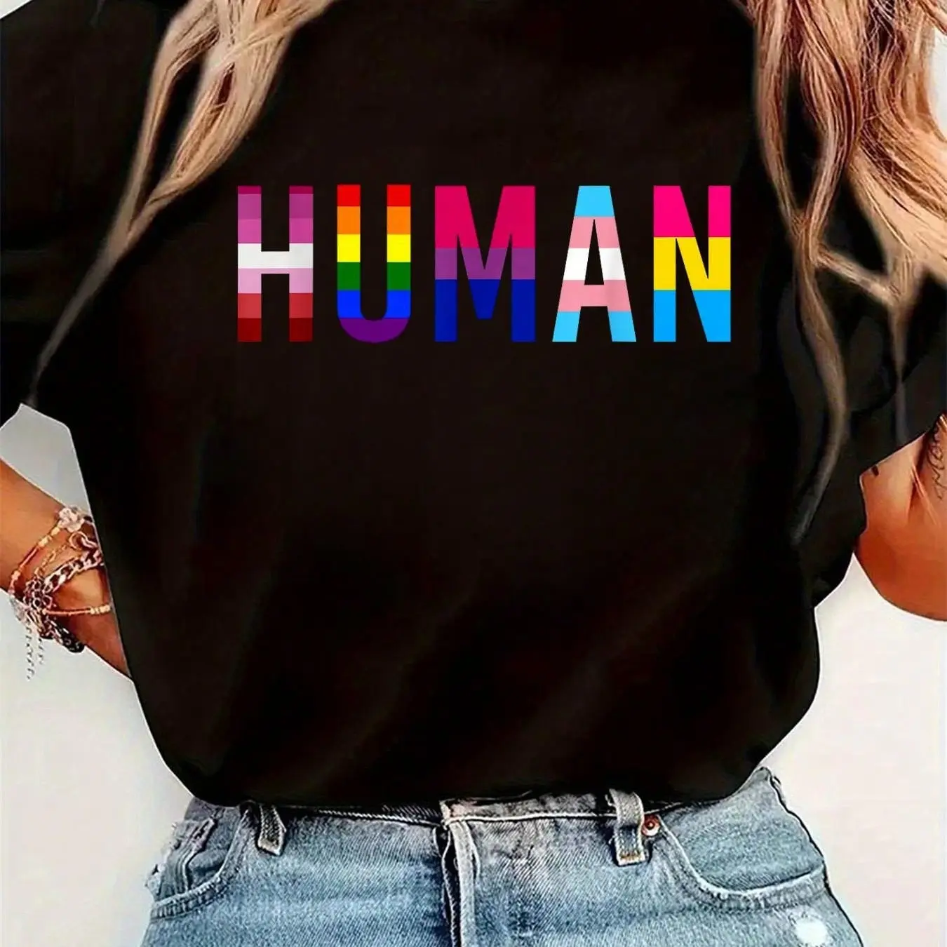 Human LGBT Flag Gay Pride Month Transgender Rainbow Lesbian T-Shirt Small Womens Round Neck Short Sleeve T-Shirt Fashion