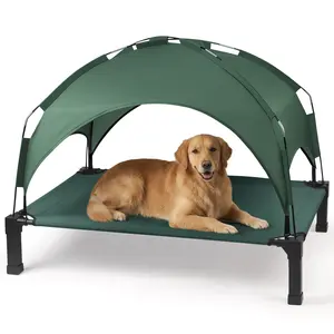 Elevated Dog Bed with Removable Canopy, Raised Pet Cot Bed with Support Feet, Portable Dog Cot with Sun Shade Tent, Cooling & Breathable Mesh & Tear Resistant Pet Beds with Tent for Dogs and Cats, for Indoor&Outdoor&Camping&Beach
