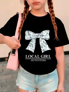 Girls' Round Neck Short Sleeve Top, Bottom Light Camo Bowknot, Local Girl Outfitters Letter Print, Casual Fit, Bowknot Print Shirt, Cartoon Print Tee