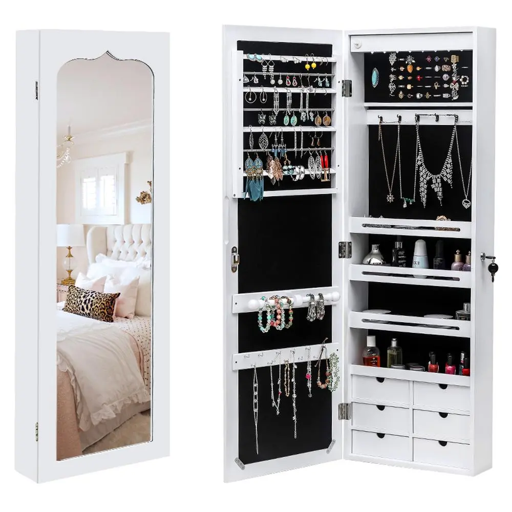 【Summervibes】FCH Wall Hanging Jewelry Mirror Cabinet with 8 LED Lights - 4 Layer Shelves and 6 Drawers