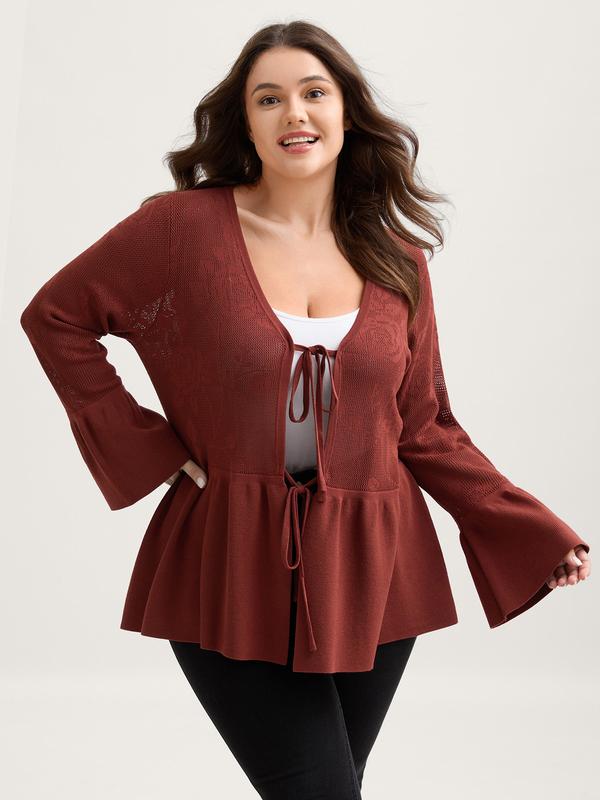 BloomChic Maroon V-Neck Bell Sleeve Floral Print Cardigan with Tie Knot & Ruffles - Elegant Winter Knitwear for Women Flowers Womenswear