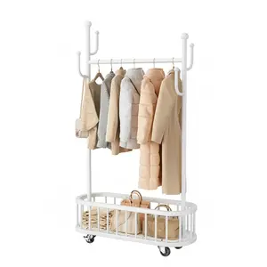 Garvee Portable Metal Coat Rack with Wheels and Storage Basket - Sturdy Clothes Stand with Shelf and 4 Hooks - Ideal for Bedroom, Laundry Room, and Living Room