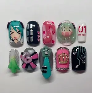 Handmade Hatsune Miku Press On Nails | Cyber Music Notes, 3D Charms & Art