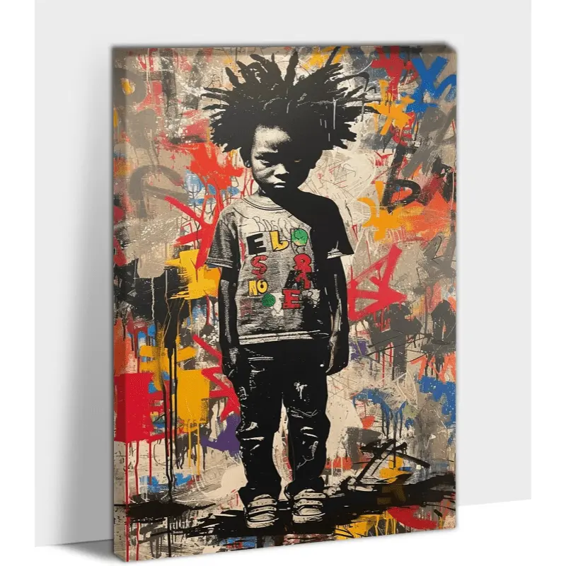 New Colorful Banksy Street Pop Graffiti Canvas Wall Art Prints, Black Boy Banksy Graffiti Wall Picture Painting for Living Room Bedroom Wall Decor, Framed Modern Artwork Wooden Frame - Thickness 1.5inc Poster Decoration