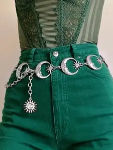 Versatile Waist Belt Decorative Accessory, Punk Fashion Belt, Sun Moon Pendant Metal Single Layer Belt, Suitable for Dresses & Pants, All Seasons Wear