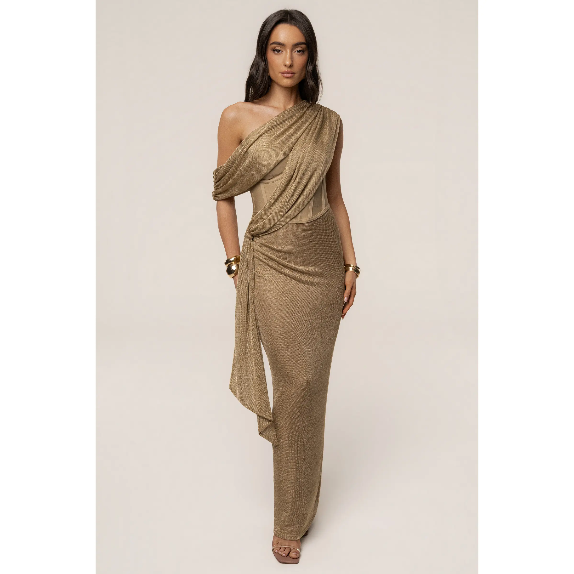 Gold Metallic Celestina Draped Maxi Dress - TikTok Shop