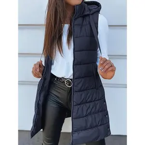Women's Elegant Hooded Vest - Mid-Length Down Jacket, Adjustable Drawstring Design, Machine Washable Solid Color Versatile Single Jacket, Suitable for Casual and Formal Attire, Fashionable Simple Style, Durable Fabric, Office Wear Polyester Womenswear
