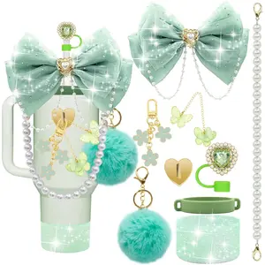 Bling Stanley Cup Accessories for 40/30/20 oz Tumbler with Handle Including Glitter Bow Straw Topper, Heart Straw Cover, Pearl Water Bottle Handle Strap, Boot, Pom-Pom, Keychain Charms(Green)