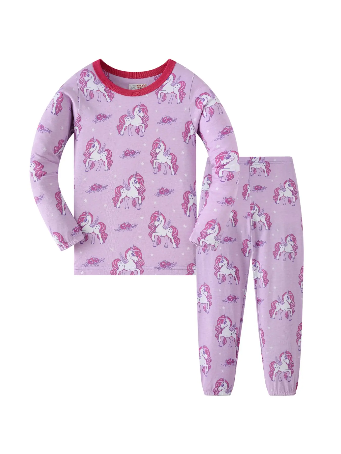 Girls Unicorn Pajama Set, Pajama Outfit, Round Neck Pajamas, Cartoon Pattern Pajamas, Long Sleeve Cartoon My Little Pony Style, Fitted H-Type Home Wear, All Seasons Casual Sleepwear