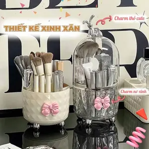 Dust-proof rotatable makeup brush storage cup with cover, vanity organizer box, visual storage rack