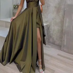 Women’s elegant autumn fashion loose formal sleeveless dress for work, chic minimalist military green basic style