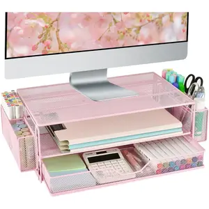 2-Tier Computer Monitor Stand Riser, Desk Organizer and Office Accessories with Drawers and 2 Pen Holders for Office Supplies (Pink)