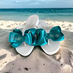 Something Turquoise Blue Bride Satin Bow Flip Flops on Low White Sandals Women  Summer Footwear