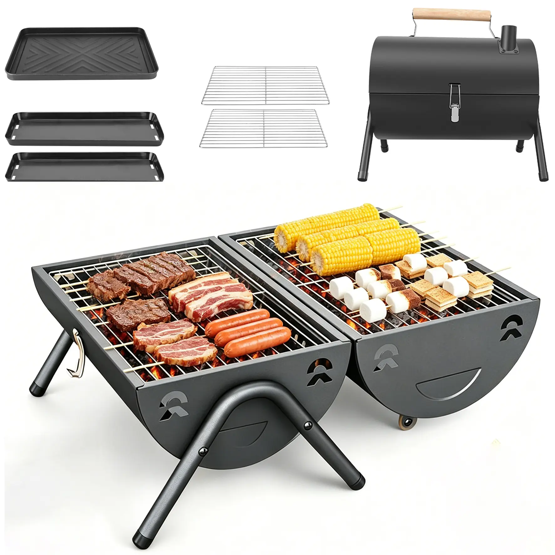 Stainless Steel Portable Tabletop Charcoal Grill - Compact Foldable Outdoor BBQ Smoker with 2 Carbon Troughs, 2 Baking Nets, 1 Baking Pan for Camping, Backyard, Beach