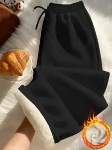 Women's Straight Leg Pants Winter Fleece Lined Warm Casual Fashion Long Trousers, Lamb Velvet Inner Milk Silk Outer Fabric