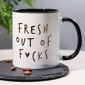 Sarcastic "Fresh Out of Fu*Ks" Coffee Mug 11oz Cup - Microwave Safe & Dishwasher Safe Novelty Mug with Bold Brown Lettering, Gag Gift for Coworkers, Boss, Friends, HR - Humorous Office & Home Use, Coffee Bar Accessories, Playful Design