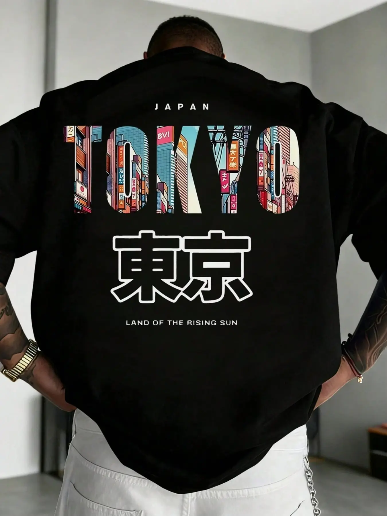 Men's High-End Short Sleeve Graphic Printed T-Shirt, Cultural Tokyo City Print, Japanese Kanji Details, Soft Breathable Fabric, Casual Fashion, Streetwear, Menswear, Top