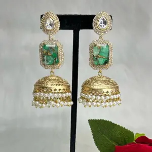 Polki Texture Statement Jhumka Earrings with Gemstone and Pearl Details Gold Finish Jewelry