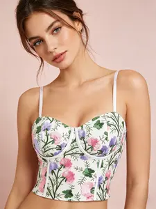 Floral Embroidery Bustier Top - Romantic Cottagecore Corset Top for Summer,Floral Mesh Corset Bustier with Delicate Embroidery