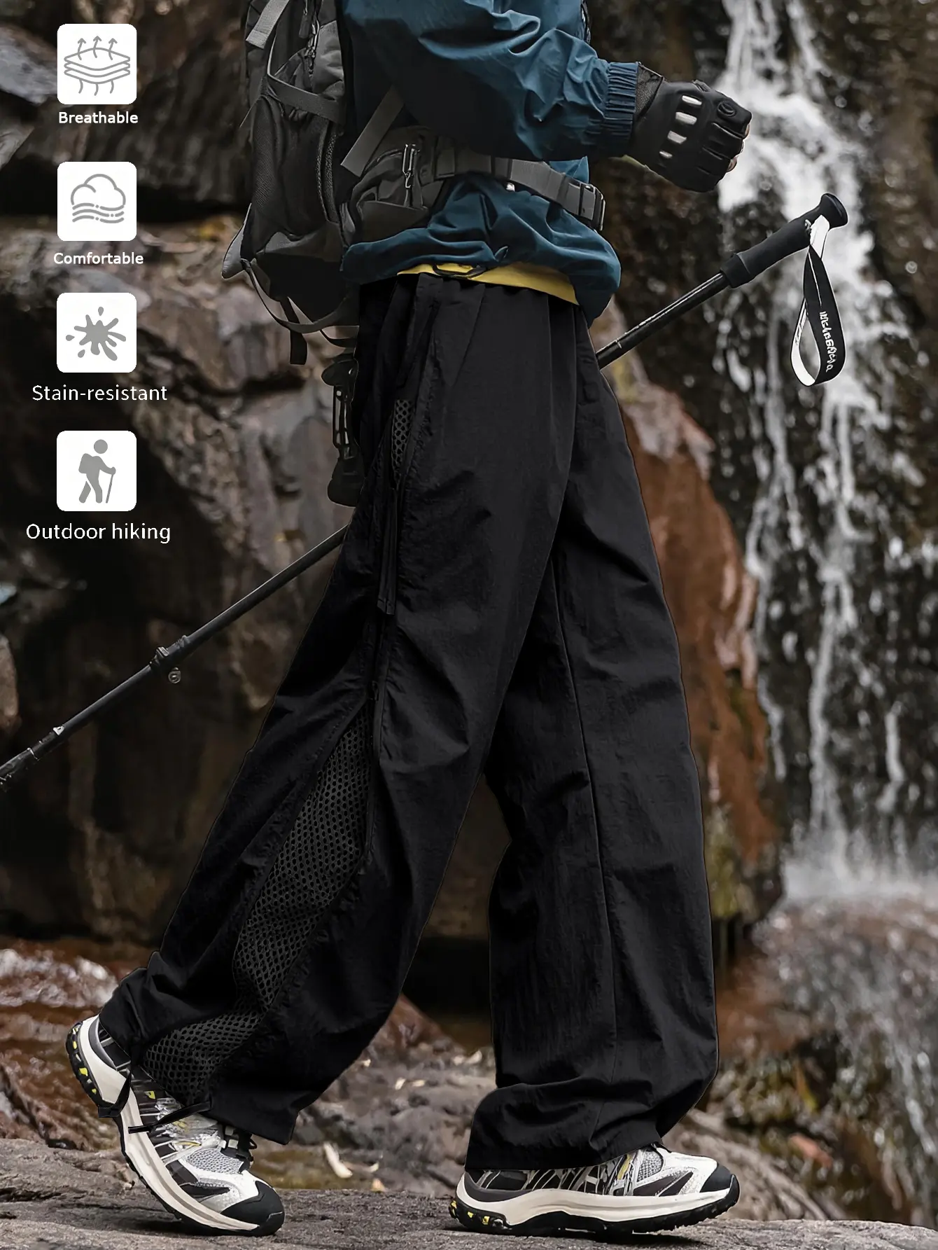 Men’s mesh panel hiking cargo pants, breathable loose wide-leg outdoor trekking trousers with zip pockets