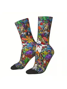 1 Pair Men's Cartoon Ghost Printed Hip Hop Harajuku Style Casual Comfy Socks Novelty Crew Socks Fun Fashion Streetwear Accessory