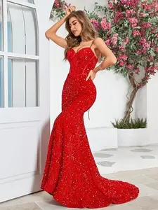 S Marlene Women's Spaghetti Straps Sequin Corset Prom Dresses Long Mermaid Sparkly Glitter Formal Evening Gowns Backless Retro Elegant V-Neck Evening