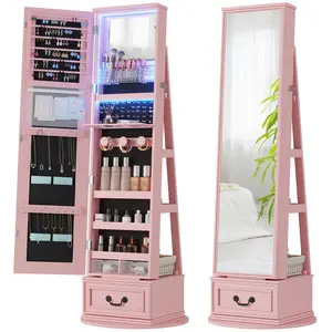 Miuvanity 3-in-1 360 Swivel Jewelry Cabinet with LEDLight, Lockable Jewelry Mirror Cabinet, Standing JewelryArmoire, Frameless Full-Length Mirror, 3 Storage ShelvesGift Idea Decor, Mirror with storage Nedn