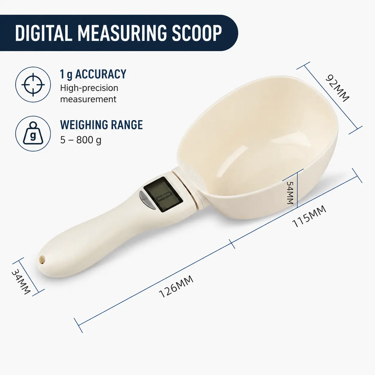 Digital Measuring Spoon Scale, 800g Electronic Kitchen Scoop with LCD Display, 1g Resolution, 4 Measuring Units, Detachable Scoop for Food, Baking, Coffee & Pet Food