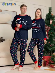 New Christmas Holiday Print Couple Pajama Set, Santa Claus Pattern Ultra-Cute, Festive Atmosphere Full, Comfortable Home Wear