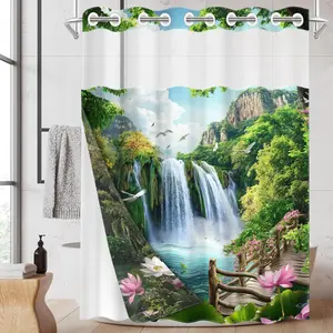 1PC/4PCS 2D Flat Printing Green Landscape with Waterfall and Lotus Pond Patterned shower curtain, home bathroom decor, Bathroom Decoration Accessories, shower curtain set with 12 hooks, non-slip bathroom rug, U-shaped toilet seat cover, toilet seat mat.