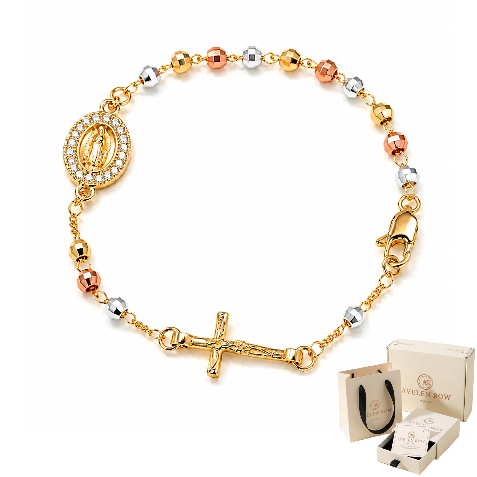 14K Gold-Plated Miraculous Medal and Cross Bracelet for Women, Catholic Gift for First Communion, Confirmation and Baptism