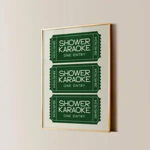 Shower Karaoke Ticket Wall Art Print, Girly Preppy Shower Singing Poster, Funny Bathroom Decor, Green Retro Home Wall Art, Trendy Room Decor, Unframed