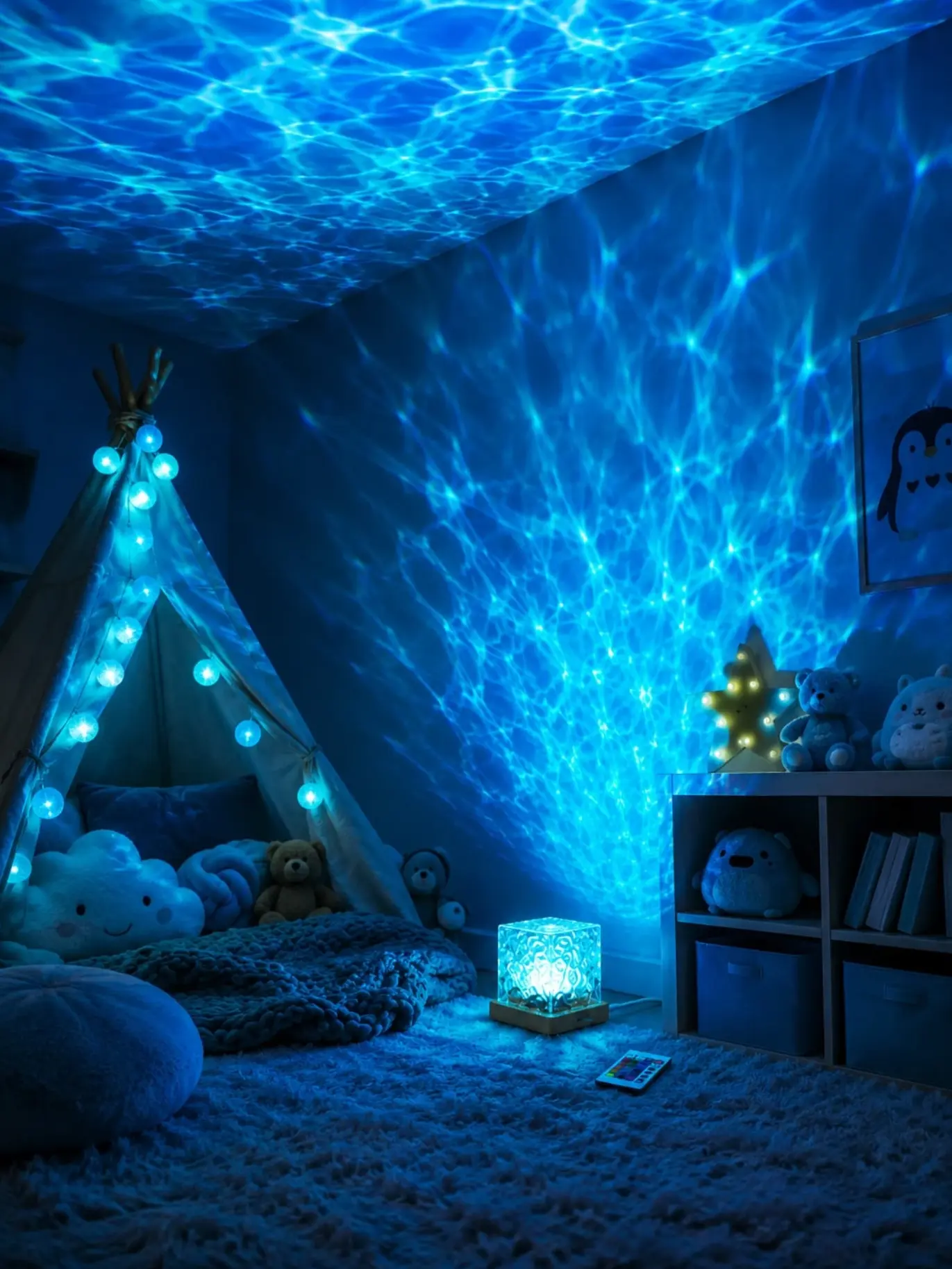Crystal Ripple Projection Night Light, LED with 16 dreamy RGB tones and remote control. Flowing wave light creates romantic bedroom vibes. Exquisite crystal decor, perfect gift for weddings, anniversaries and romantic dates.