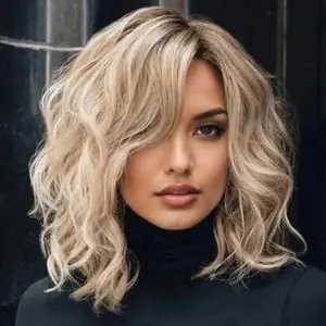 Short Ombre Blonde Wavy Wigs for White Women 14 Inch Shoulder Length Curly Wavy Bob Wig Synthetic Natural Hair Wig for Daily Party Use
