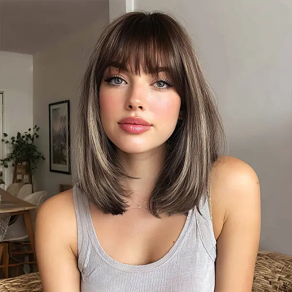 SMILCO SM165 Synthetic Full Machine Wig - 12in Brown Highlight Short Straight Bob with Bangs, Adjustable Rose Mesh Bottom, Premium Heat Resistant Synthetic Smooth Wig for Daily Wear, Brown Wig