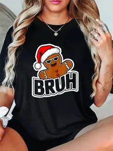 Women's Cute Short-Sleeve Funny Christmas T-Shirt, 100% Cotton Breathable Relaxed Fit Casual Top with Gingerbread Man Print, Everyday Love Vibe Tee for Teens