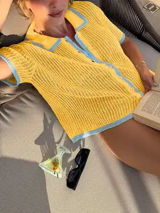 Women's Polo Neck Contrast Color Single-Breasted Button Short Sleeve Hollow-Out Slim-Fit Cute Comfortable Everyday Versatile Knitted Cardigan — Summer Casual Vacation Style Yellow and Blue Contrast Color Vibes Short Sleeve Knitted Cardigan