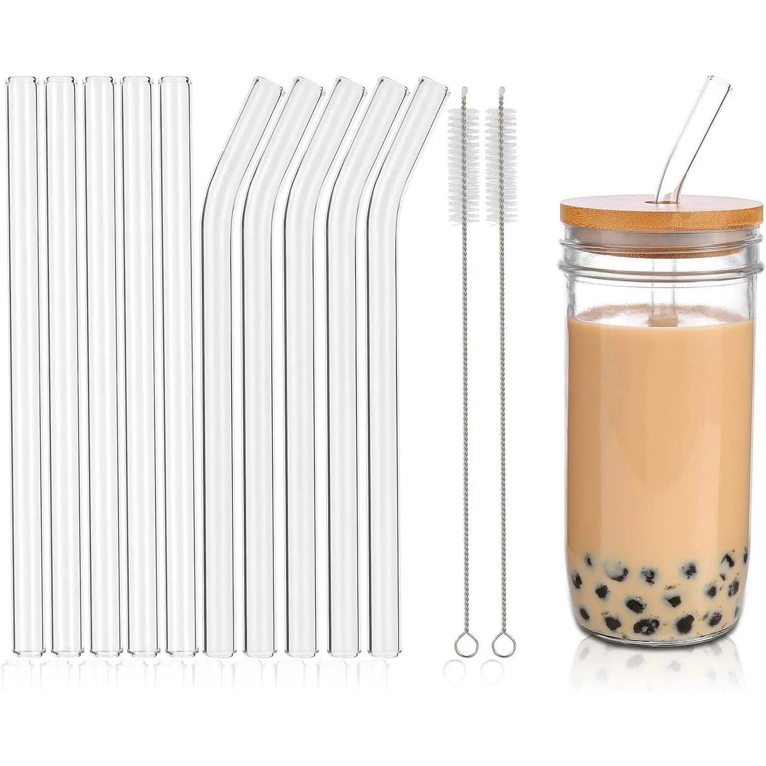 10 count Reusable Glass Boba Straws,9''x14 mm Wide Glass Drinking  Smoothie Straw for Bubble Tea,Milkshakes,Set of 5 Straight and 5 Bent with 2 Cleaning Brushes -Dishwasher Safe
