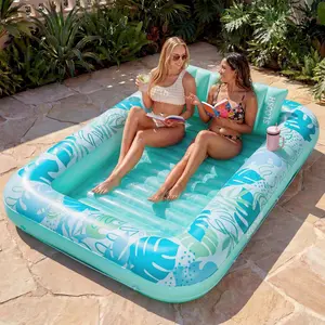 Inflatable Tanning Pool Lounger Float,85" x 57" Extra Large Pool Floats Adult with Pillow,4 in 1 Suntan Tub Raft Floatie,Sunbathing Bed Lounge Blow Up Ball Pit Party Gifts,XL-Cyan White